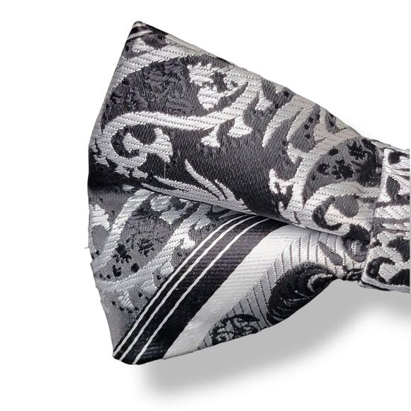 Stacy Adams Bow Tie Black Silver Paisley Pre-Tied Polyester Wedding Formal Glam - Picture 2 of 6